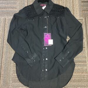 Rock & Roll Cowgirl Black Button-Up Top with Pink Logo